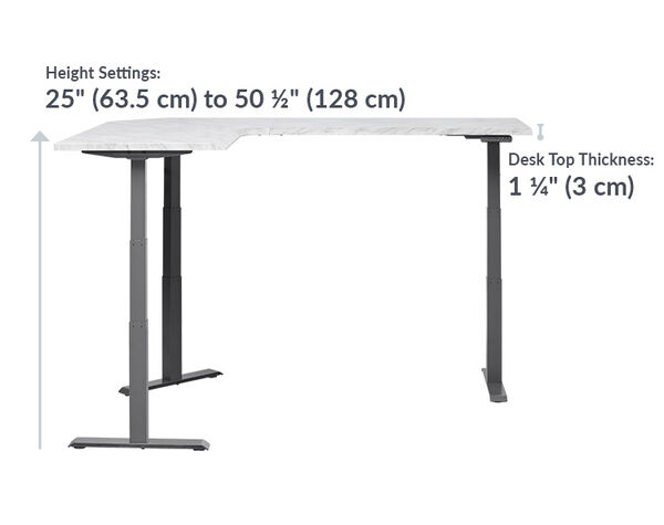The L-Shape Electric Standing Desk Marble is 25 inches to 50 and a half inches tall