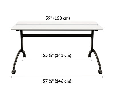 flip top training table 5 foot is 59 inches wide. Leg width is 55 and a half inches and 57 and a half inches.