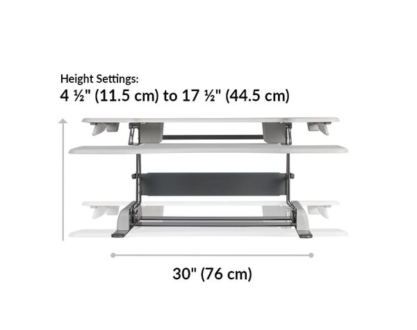 Dimension image shows that the base of the desk riser is 30 inches wide