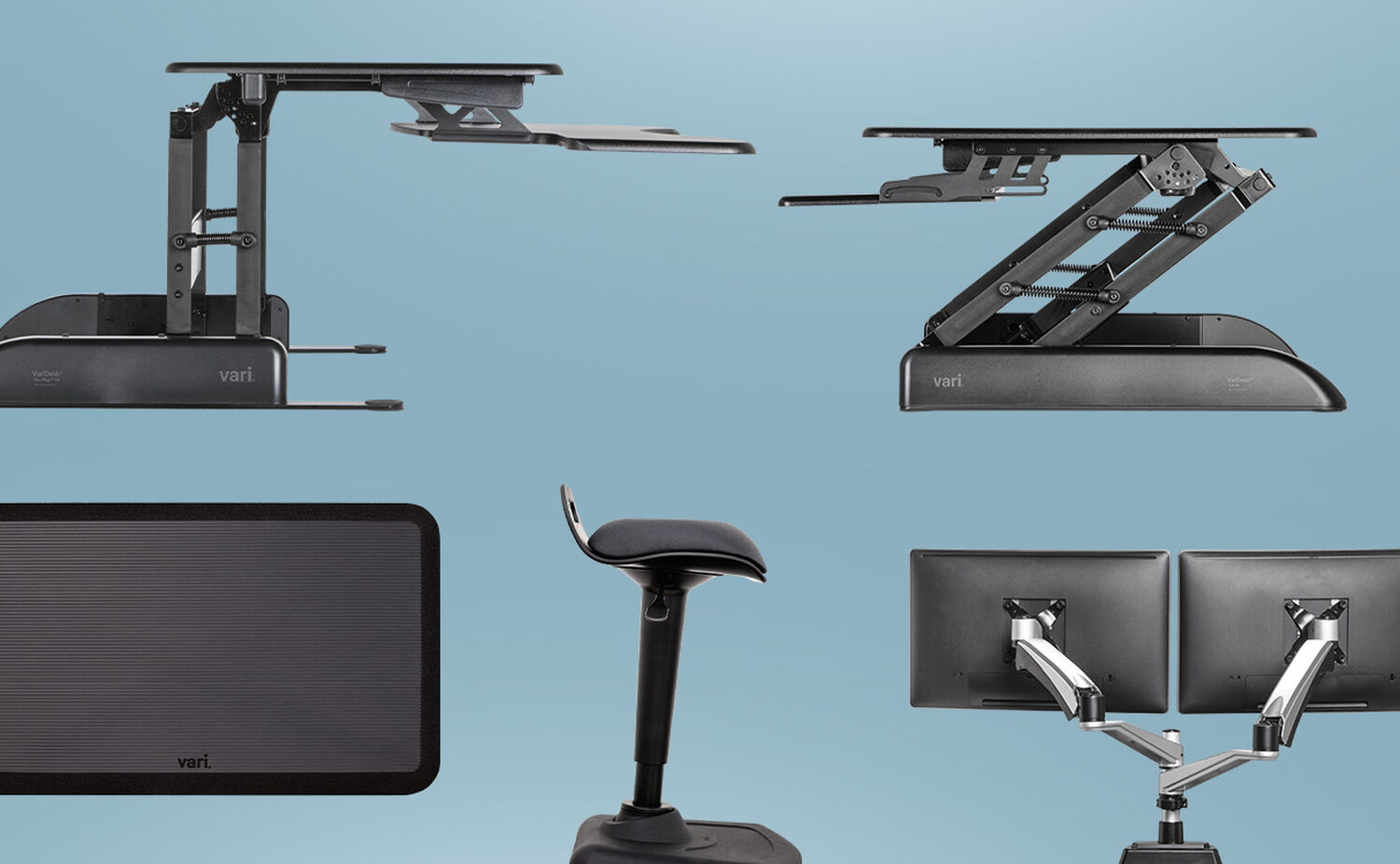 various vari desks and accessories shown on a blue background