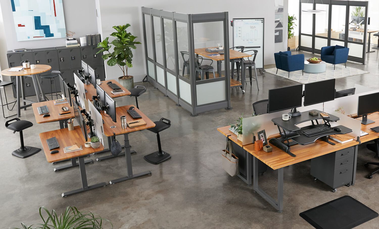 a full office as seen from above, with Vari products creating benched desk groupings, private offices, conference rooms, etc. with a range of product types
