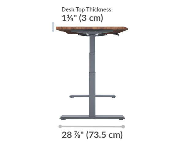 A front view of the black electric standing desk showing adjustable height settings from 25 inches (63.5 cm) to 50.5 inches (128 cm) and a base width of 30.5 inches (77.5 cm).