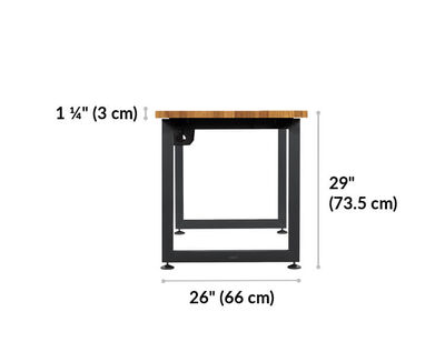vari table 60 by 30 length 26 inches. Height 29 inches. Table top thickness 1 and a quarter inches.