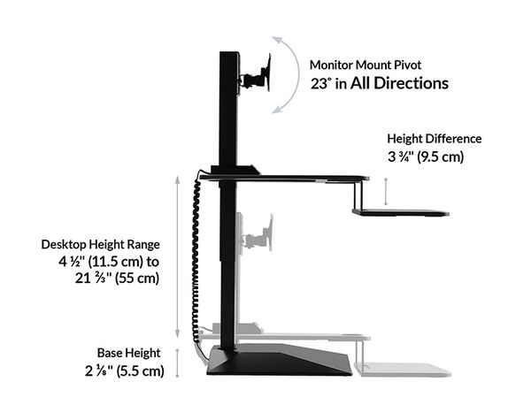 Desktop height range of the premier single monitor converter ranges from 4 and a half inches tall to 21 and two thirds tall