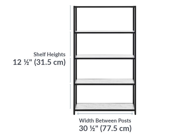vari 5-tier shelf is 12 and a half inches tall between each shelf and 30 and a half inches wide from post to post