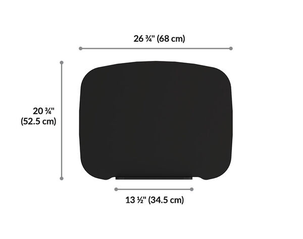 Top-down view of the mobile desk's black tabletop with dimension lines showing a width of twenty-six and three-quarter inches, a depth of twenty and three-quarter inches, and a tilt-handle cutout width of thirteen and one-half inches.
