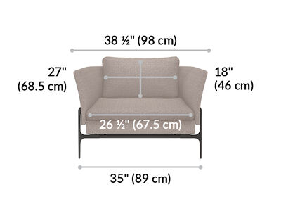 contemporary chair is 35 inches long and the cushioned seat is 26 and a half inches long
