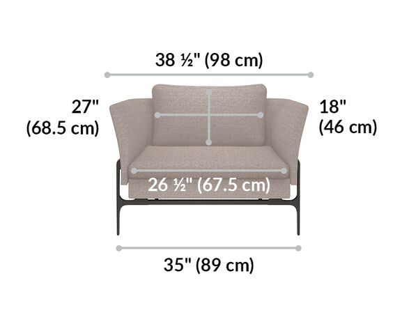 contemporary chair is 35 inches long and the cushioned seat is 26 and a half inches long