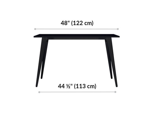 Essential Desk 48x24 Four Leg desktop is 48 inches wide. Space between legs is 44 and a half inches wide