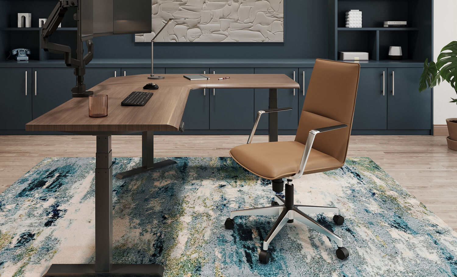 high back conference chair paired with a comfortedge l-shape electric standing desk on a glass mat
