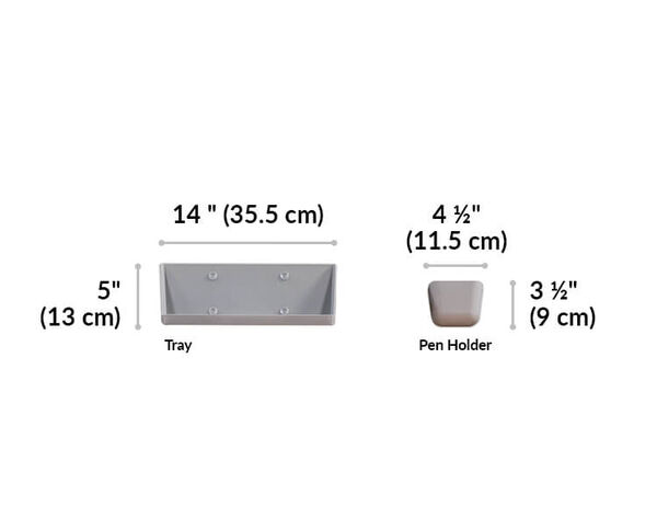 acrylic accessory panel tray is 14 inches wide and 5 inches tall. Pen holder width is 4 and a half inches and three and a half inches tall