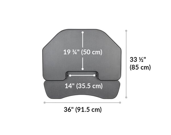 Top view VariDesk Cube Corner 36 width 36 inches or 91 and a half centimeters. Length 33 and a half inches or 85 centimeters. Display surface length 19 and 3 quarter inches or 50 centimeters. Top of keyboard deck width 14 inches or 35 and a half centimeters. 