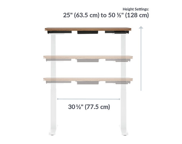 electric standing desk has a height range of twenty five inches to fifty five and a half inches tall