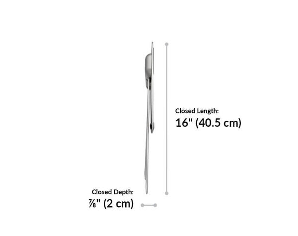 portable laptop stand closed length is 16 inches and closed depth is 7 eighth inches 