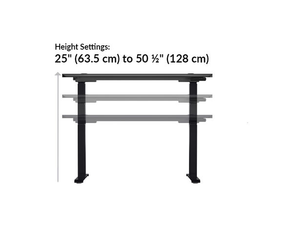 the ergo electric Standing Desk with 54x26 black black goes from 25 inches to 50.5 inches tall