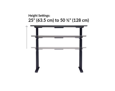 The base of the Electric Standing Desk with ComfortEdge™ 60x30 black top with black legst goes from 25 inches to 50.5 inches tall