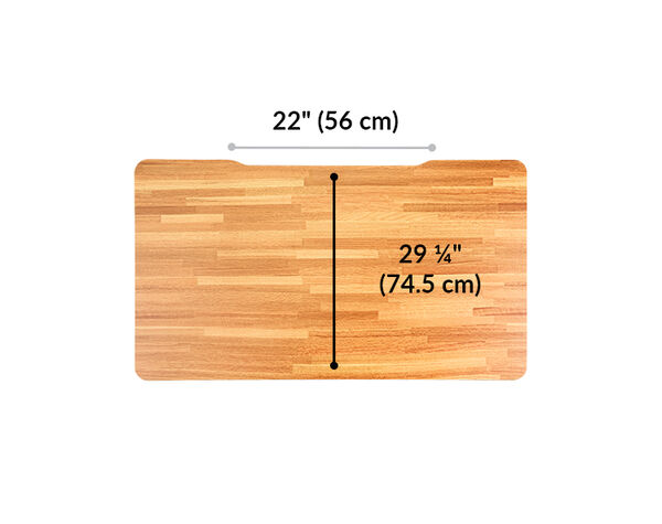 Electric standing desk desktop is 29 and a fourth inches long. Back cutout is 22 inches wide 