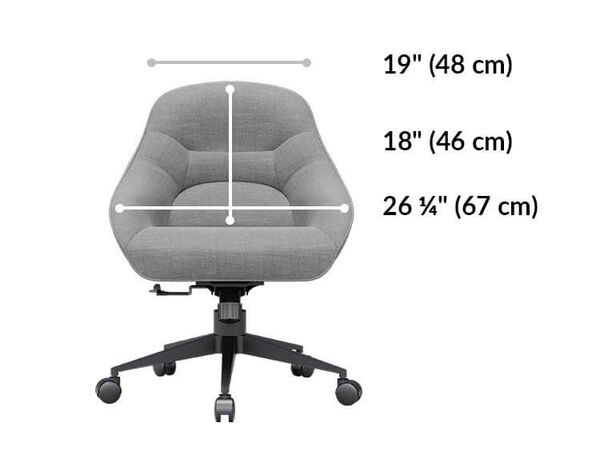upholstered desk chair seat is 26 and a quarter inches wide. Seat back is 19 inches wide and 18 inches tall 
