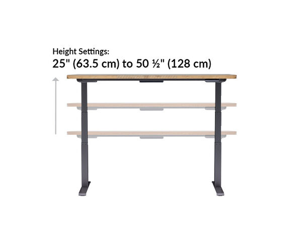 The height settings of the Electric Standing Desk 72x30 Reclaimed Wood range from 25 inches to 50.5 inches tall