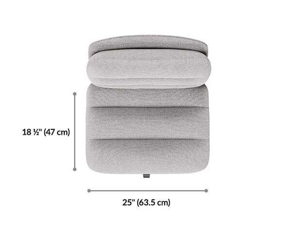 Top-down view of the light gray boucle armless office chair showing overall dimensions of twenty-five inches wide and eighteen and a half inches deep.