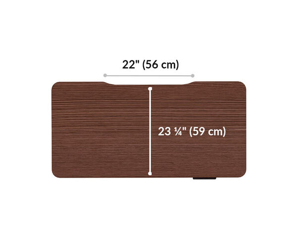 Essential Electric Standing Desk split top 48x24 is 23 inches deep. Monitor mount space is 22 inches wide.
