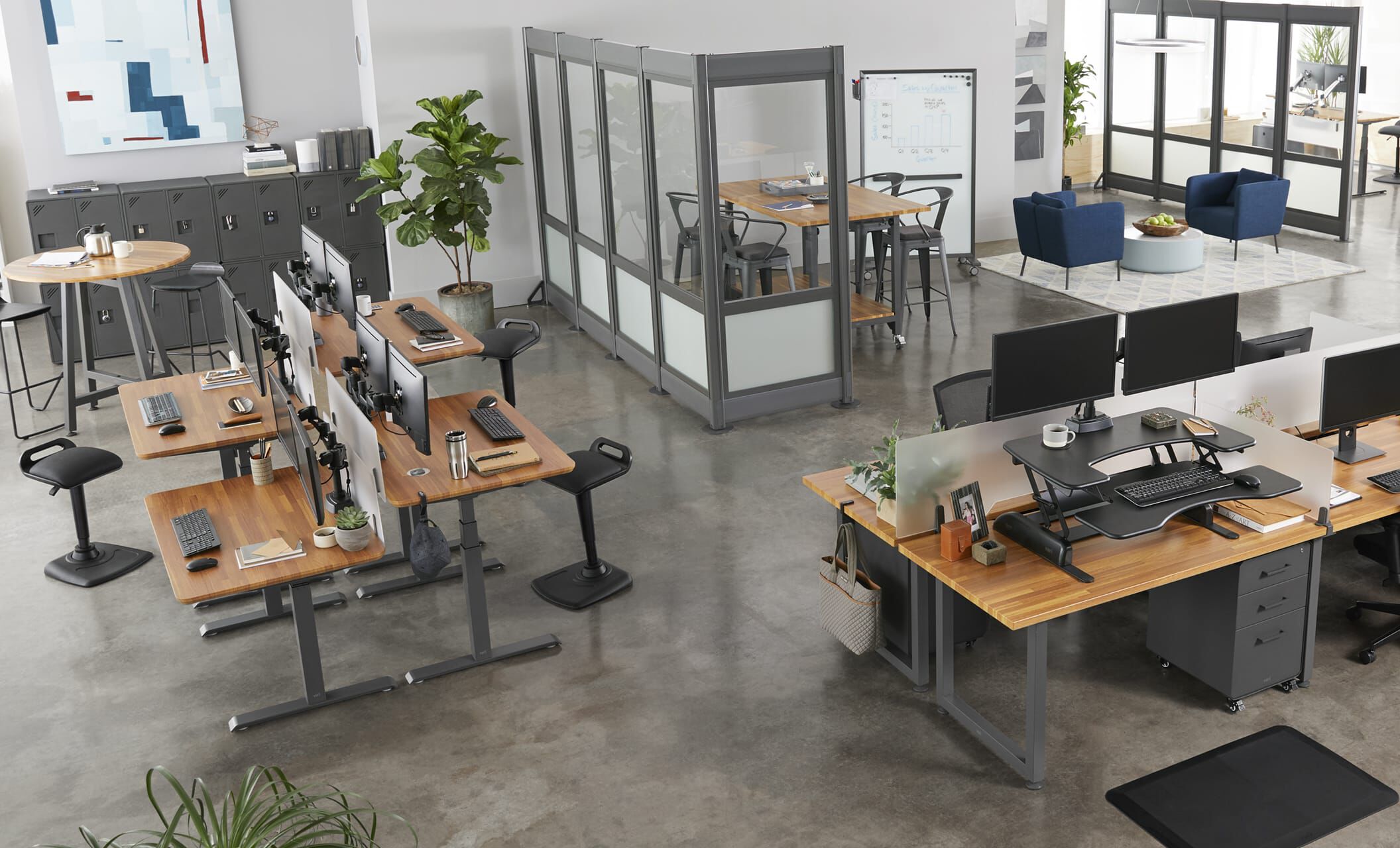 a full office as seen from above, with Vari products creating benched desk groupings, private offices, conference rooms, etc. with a range of product types