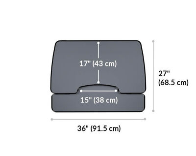 varidesk essential 36 workspace area is 27 inches deep and 36 inches wide. Laptop cutout width is 15 inches and monitor deck depth is 17 inches
