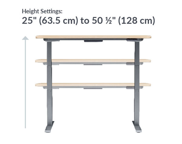The base of the Electric Standing Desk ComfortEdge™ 60x30 Light Wood and Silver Legs goes from 25 inches to 50.5 inches tall
