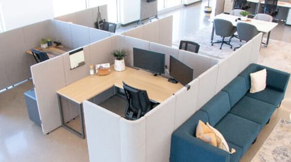 overhead view of cubicles with 4 individual working space