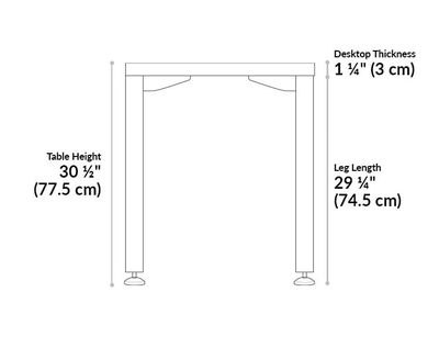 QuickPro Table 48 height is 30 and a half inches. Leg length is 39 and a quarter inches tall and desktop is 1 and quarter inches thick.