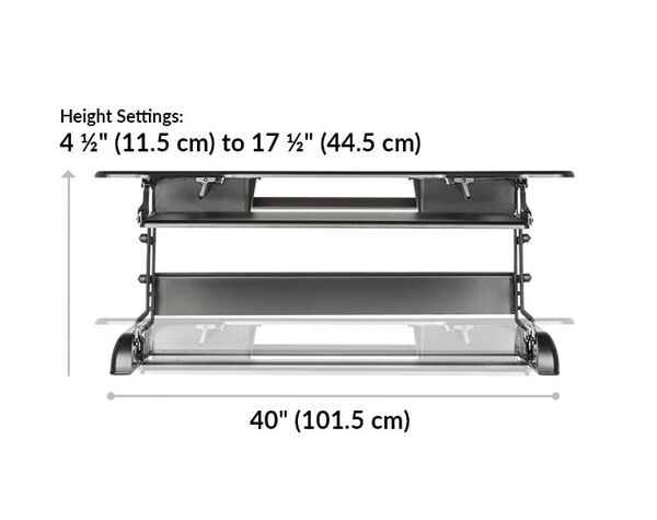 Varidesk Cube Plus 40 height 4 and a half inches or 11 and a half centimeters to 17 and a half inches or 44 and a half centimeters 