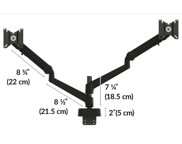 the dual monitor arms are each sixteen and a half inch long
