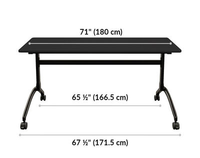 flip top training table 6 foot is 71 inches wide. Leg width is 65 and a half inches and 57 and a half inches.