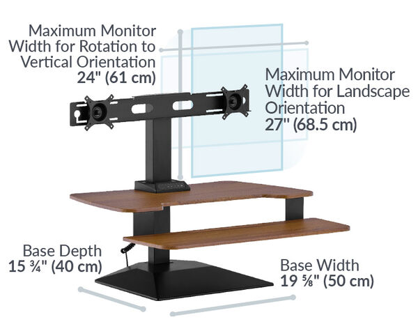 Dimension image shows that the base of the desk riser is 15 and three quarter inches deep and maximum monitor wide for vertical orientation is 24 inches and for 27 inches for landscape orientation