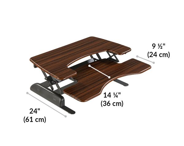 Dimension image shows that the base of the desk riser is 24 inches deep