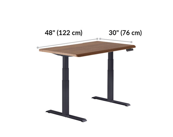 Electric Standing Desk with ComfortEdge™ 48x30 walnut with black legs is 48 inches wide and 30 inches deep
