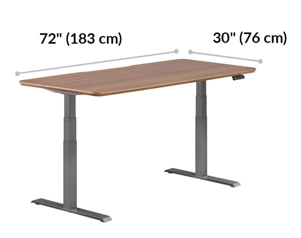 Electric Standing Desk 72x30 walnut with black legs is 72 inches wide and 30 inches deep