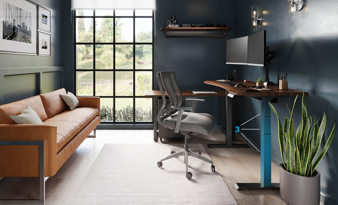 legs on standing desk are being emphasized in a home office setting