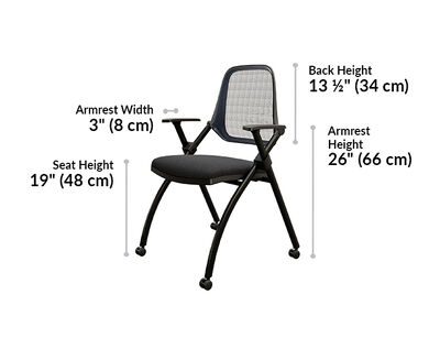 Nesting Training Chair seat height is 19 inches, armrest height is 26 inches, and back height is 13 and a half inches. Armrest width is 3 inches.