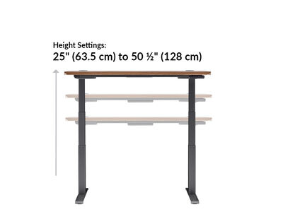 The Ergo Electric Standing Desk 54x26 in walnut finish height ranges from 25 inches to 50.5 inches
