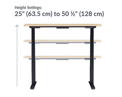 The base of the Electric Standing Desk with ComfortEdge™ 72x30 light wood with black legs is goes from 25 inches to 50.5 inches tall