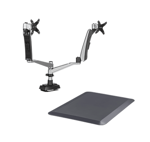 dual monitor arms and an anti-fatigue mat for standing desks and desktop converters