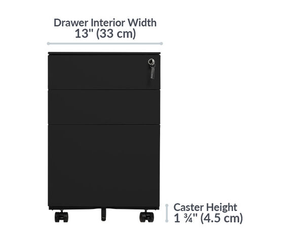 all drawers are 18 and 1 quarter inches long. Height is 23 and a quarter inches