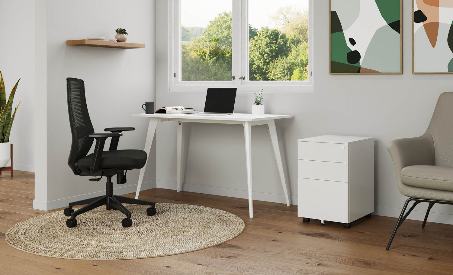 Essential desk 48x24 four leg in white used to create a home office