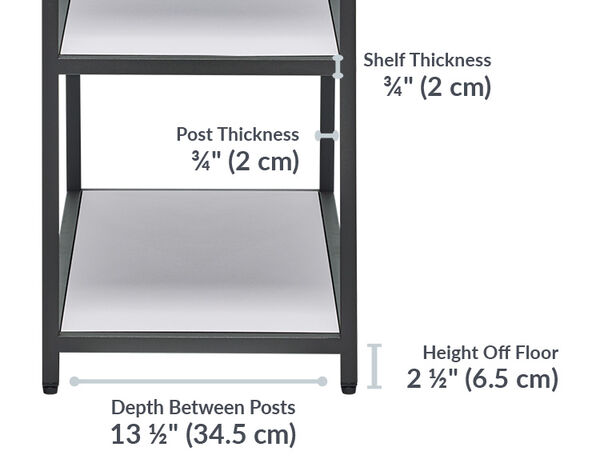 vari 5-tier shelf post thickness is three quarters of an inch and the shelf is also three quarters of an inch