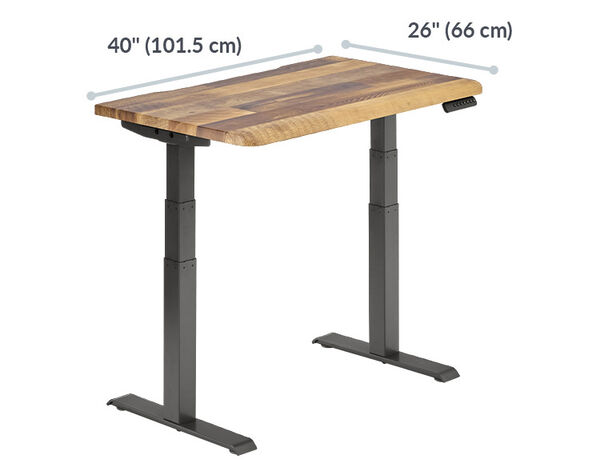 reclaimed wood electric standing desk with a rectangular surface measuring 40 inches (101.5 cm) in width and 26 inches (66 cm) in depth.