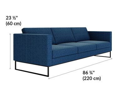 three seat sofa is 23 and a half inches tall and 86 and 3 quarter inches wide
