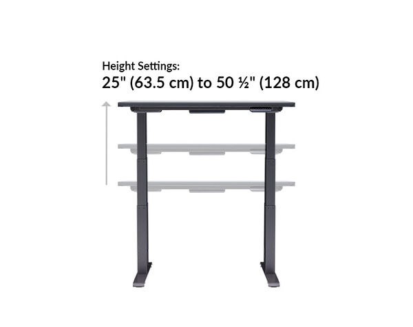 The base of the Electric Standing Desk with ComfortEdge 48x30 Black goes from 25 inches to 50.5 inches tall