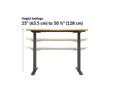 The Ergo Electric Standing Desk 54x26 height ranges from 25 inches to 50.5 inches
