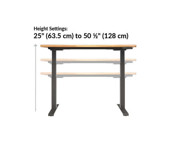 The Ergo Electric Standing Desk 54x26 height ranges from 25 inches to 50.5 inches 